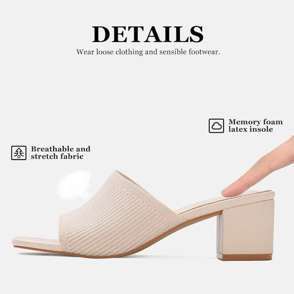 Women Heeled Sandals Knit Open Toe Chunky Block Heel Slip On Shoes - Picture 5 of 7